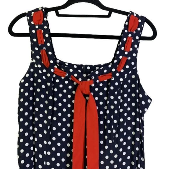 LESLIE LUCKS Blue & Red Ribbon Polka Dot Pin Up Sailor Dress Size 10 - Picture 2 of 12